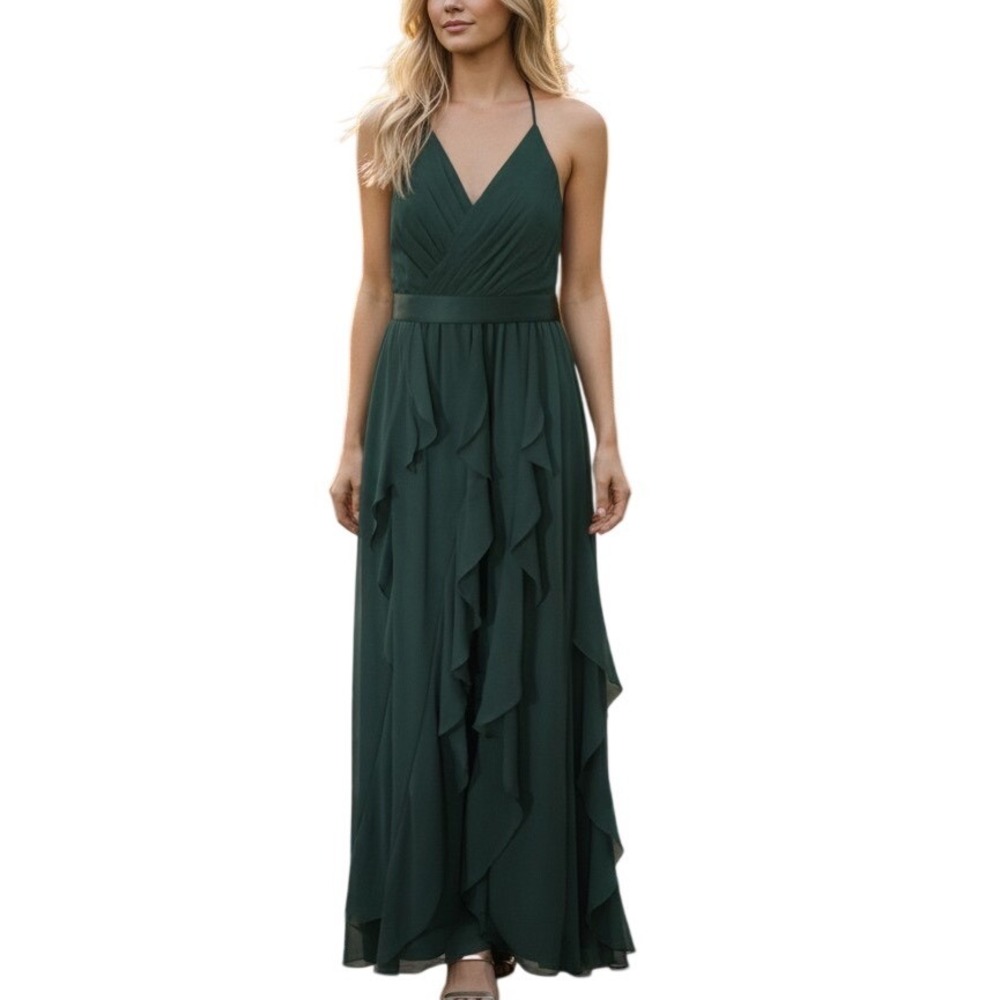 White by Vera Wang Halter Ruffle Long Dress Formal Evening Gown Bridesmaid 10